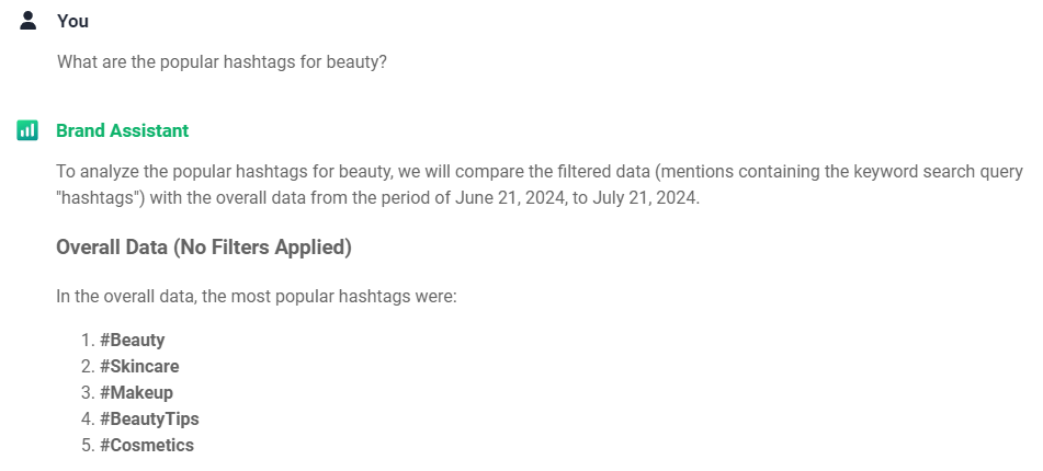 Brand Assistant con IA en Brand24, el mejor rastreador de hashtags con IA: hashtags populares para contenidos de belleza