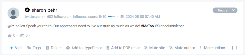 Mención con #MeToo en X (Twitter) detectada por Brand24 (la mejor herramienta de monitorización de medios de AI)